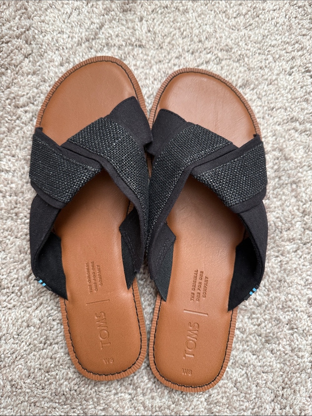 TOMS Black Crisscross Slide Sandals with Brown Footbed